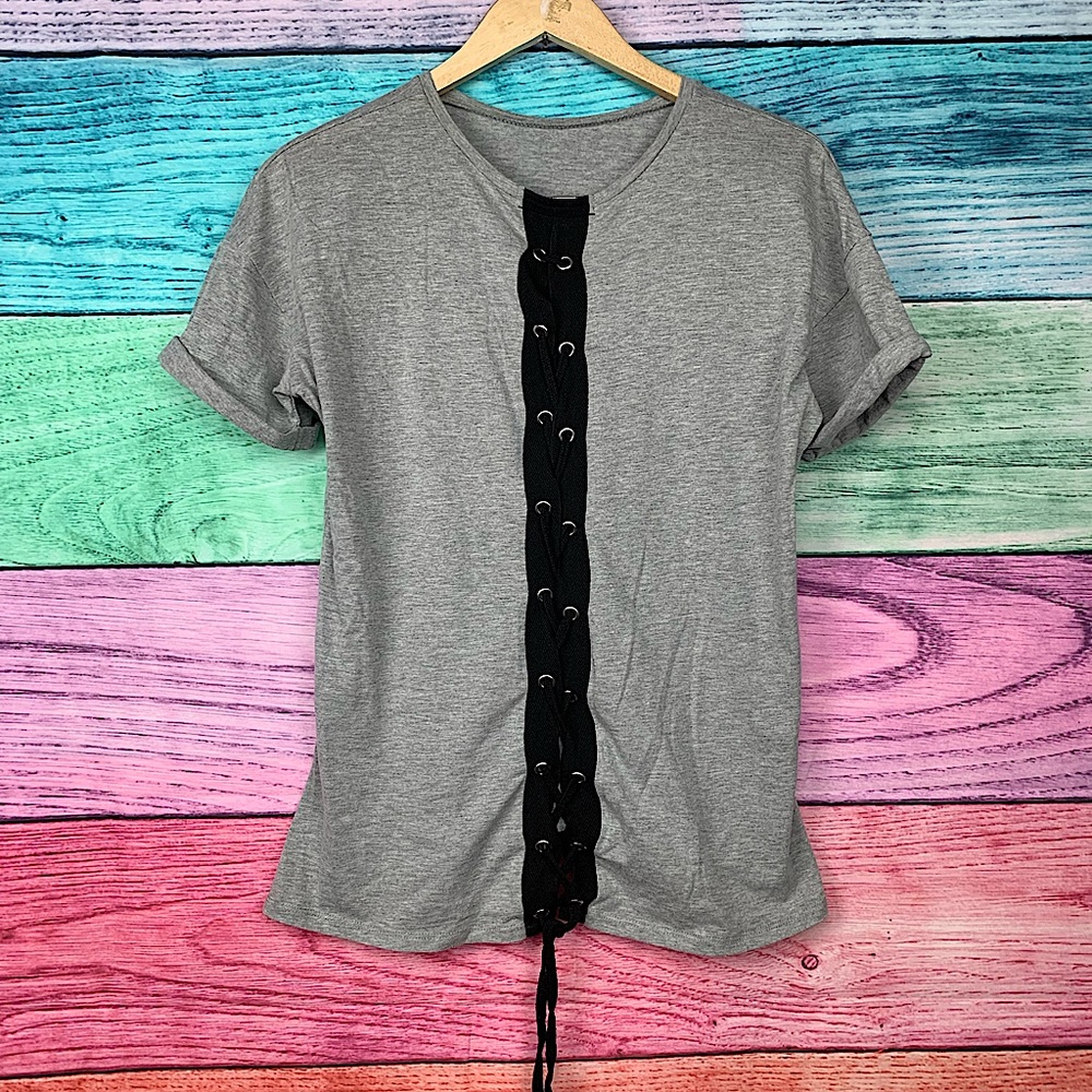 STREETWEAR SOCIETY grey crew neck tee with black tie up lace long back
